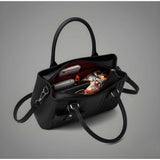 Black PU leather solid shoulder zipper handbag, durable polyester lining with adjustable and removable straps