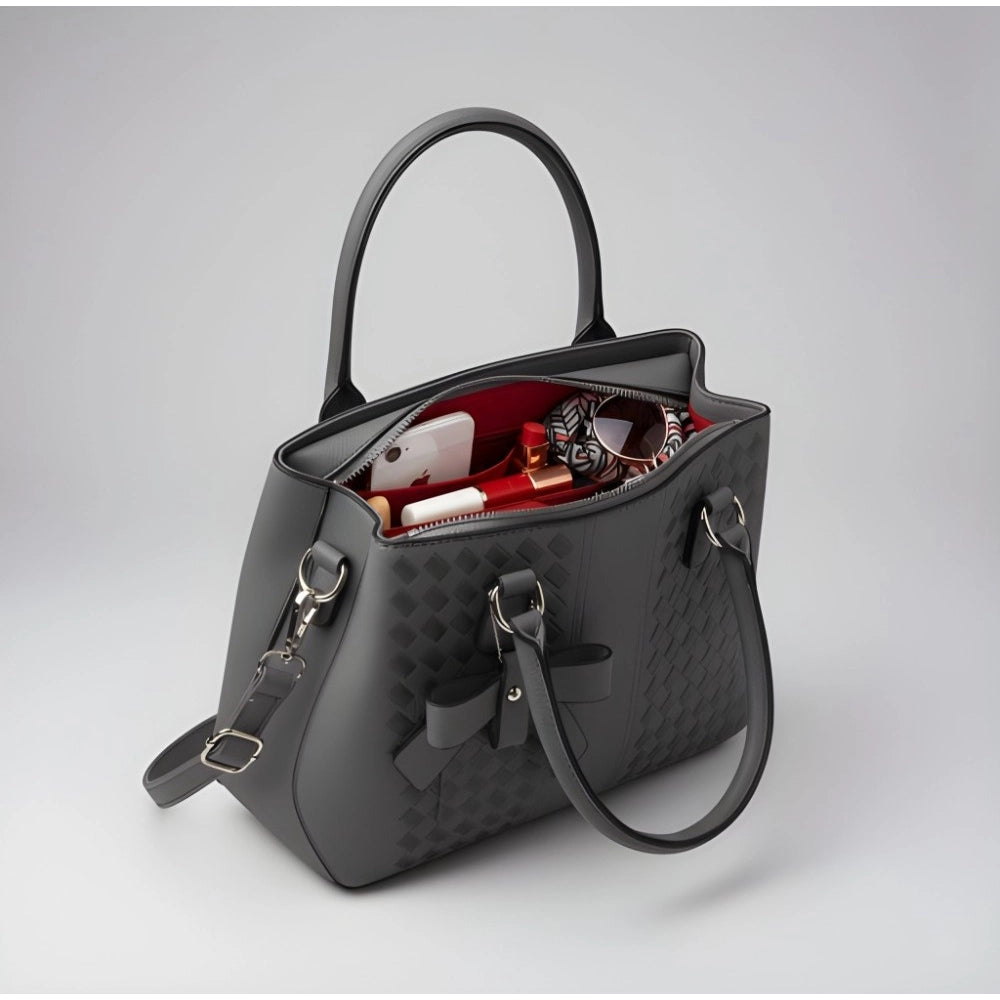 Grey PU Leather Solid Shoulder Zipper Handbag, durable polyester lining with adjustable-removable strap