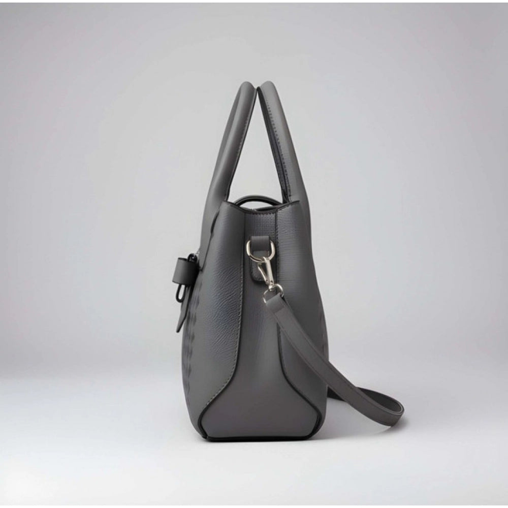 Grey PU leather shoulder zipper handbag with two compartments and adjustable-removable strap, polyester lining interior