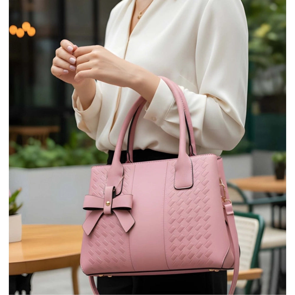 Pink PU Leather Solid Shoulder Handbag with Adjustable Strap - Polyester lining, dual handle, zipper closure