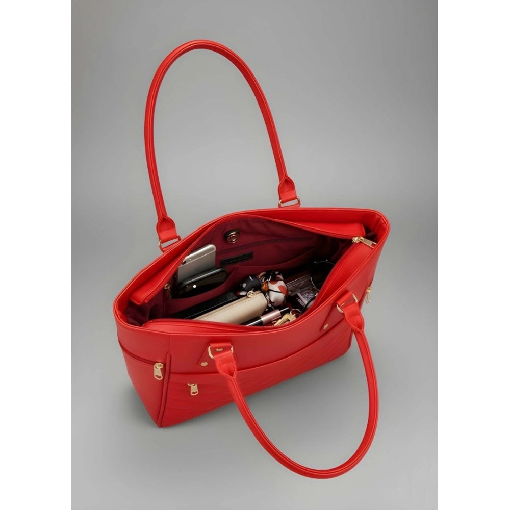 Red PU leather solid shoulder handbag with adjustable strap and zipper closure, featuring four compartments and polyester lining