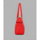 Red PU Leather Solid Shoulder Handbag with 4 compartments, polyester lining, adjustable strap, and zipper closure
