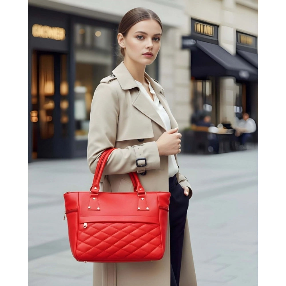 Red PU leather solid shoulder zipper handbag with 4 compartments, polyester lining, and adjustable strap