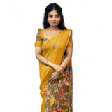 Women's Linen Printed Saree With Unstitched Blouse 5.5Mtr (Mustard)