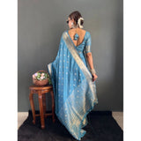 Women's Satin Printed Saree With Unstitched Blouse 5.5Mtr (light Blue)