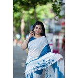 Women's Linen Printed Saree With Unstitched Blouse 5.5Mtr (White)