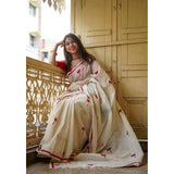 Women's Linen Printed Saree With Unstitched Blouse 5.5Mtr (White)