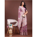 Women's Linen Cotton Printed Saree With Unstitched Blouse 5.5Mtr (Purple)