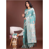 Women's Linen Cotton Printed Saree With Unstitched Blouse 5.5Mtr (Sea Green)
