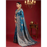 Women's Silk Blend Printed Saree With Unstitched Blouse 5.5Mtr (Teal Blue)