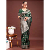 Women's Banarasi Silk Printed Saree With Unstitched Blouse 5.5Mtr (Dark Green)