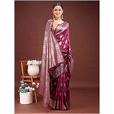Women's Banarasi Silk Printed Saree With Unstitched Blouse 5.5Mtr (Purple)
