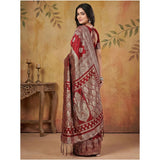 Maroon silk blend printed saree with unstitched blouse, vibrant design for women's fashion