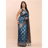 Women's Banarasi Silk Printed Saree With Unstitched Blouse 5.5Mtr (Teal Blue)