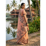Women's Linen Cotton Printed Saree With Unstitched Blouse 5.5Mtr (Orange)