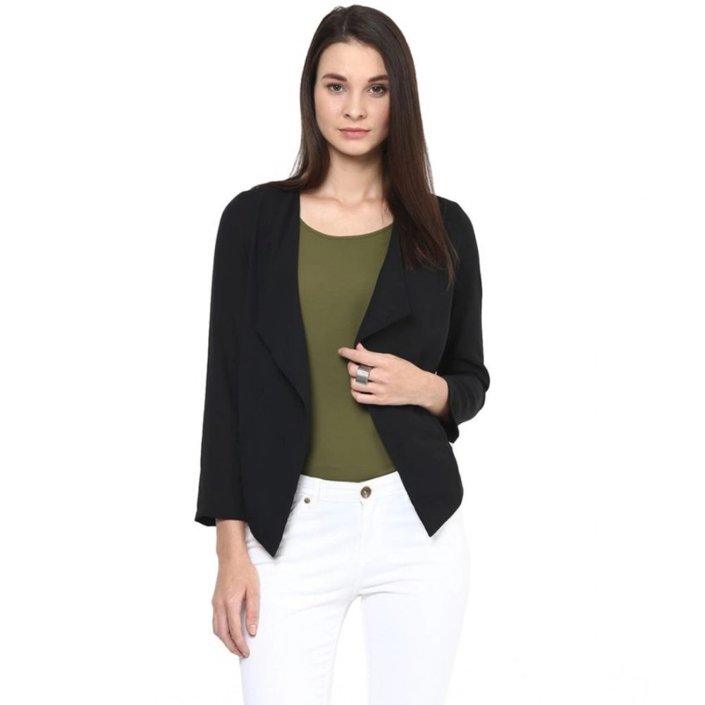 Black polyester women's solid long sleeves blazer with shawl collar neck on mannequin