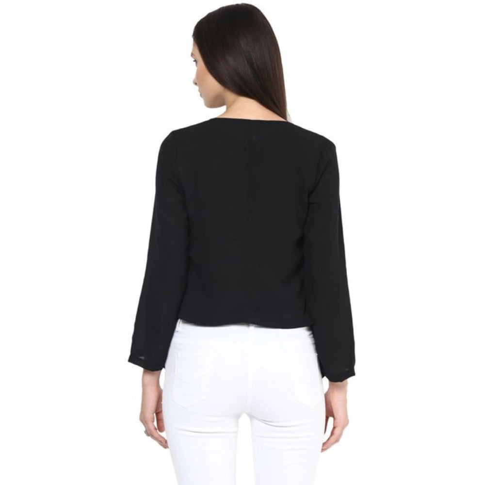 Black polyester solid long sleeves blazer for women, shawl collar neck with hip-length, ideal for formal events