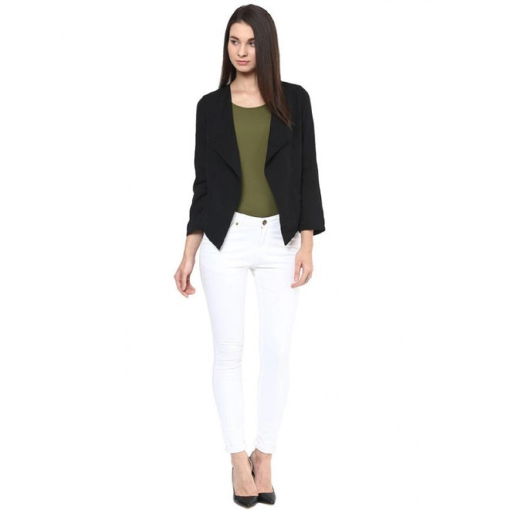 Black polyester women's long sleeve blazer with shawl collar, solid design