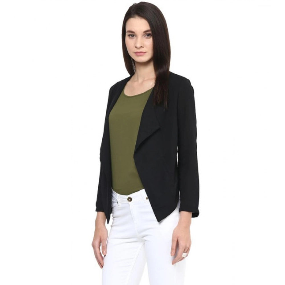 Black polyester long sleeves blazer with shawl collar, solid pattern on women