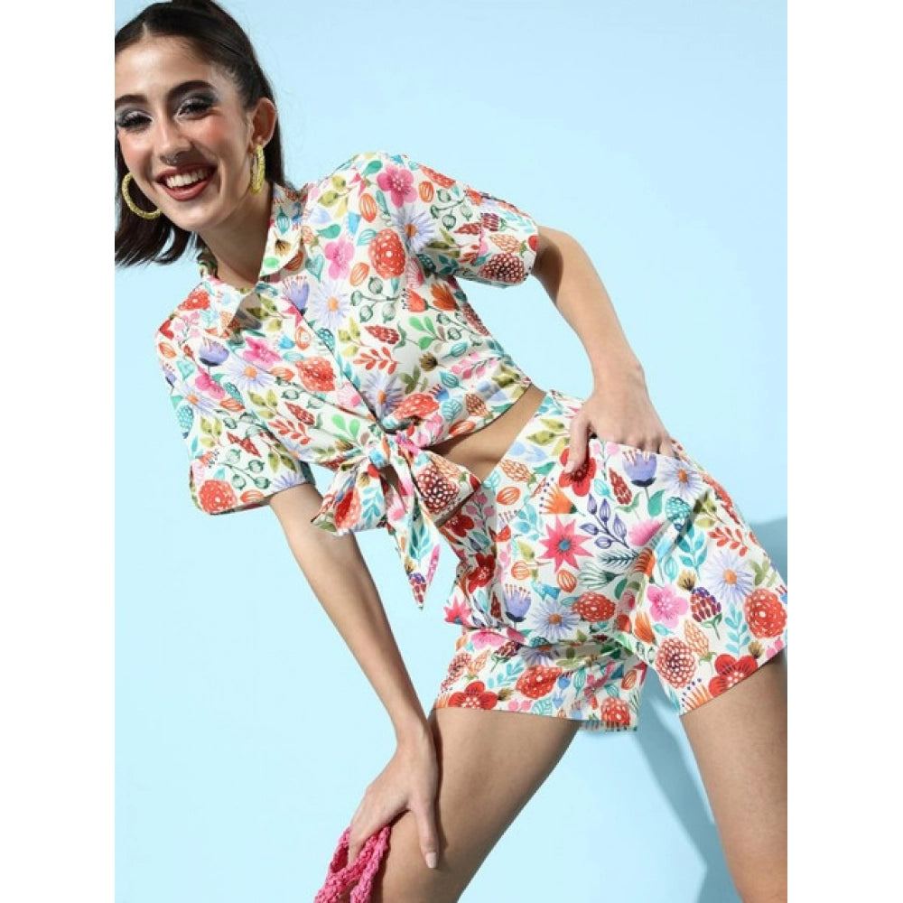 Multicolor polyester floral short sleeve co-ord set for women, featuring shirt collar neck, short sleeves, above knee length, slip-on & button closure, shorts bottom type