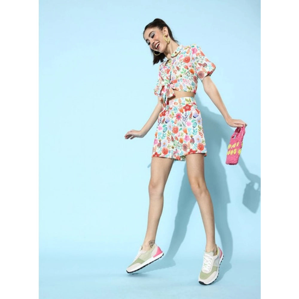 Women's multicolor floral polyester short sleeve co-ord set with shirt collar neck and above knee length, slip-on and button closure