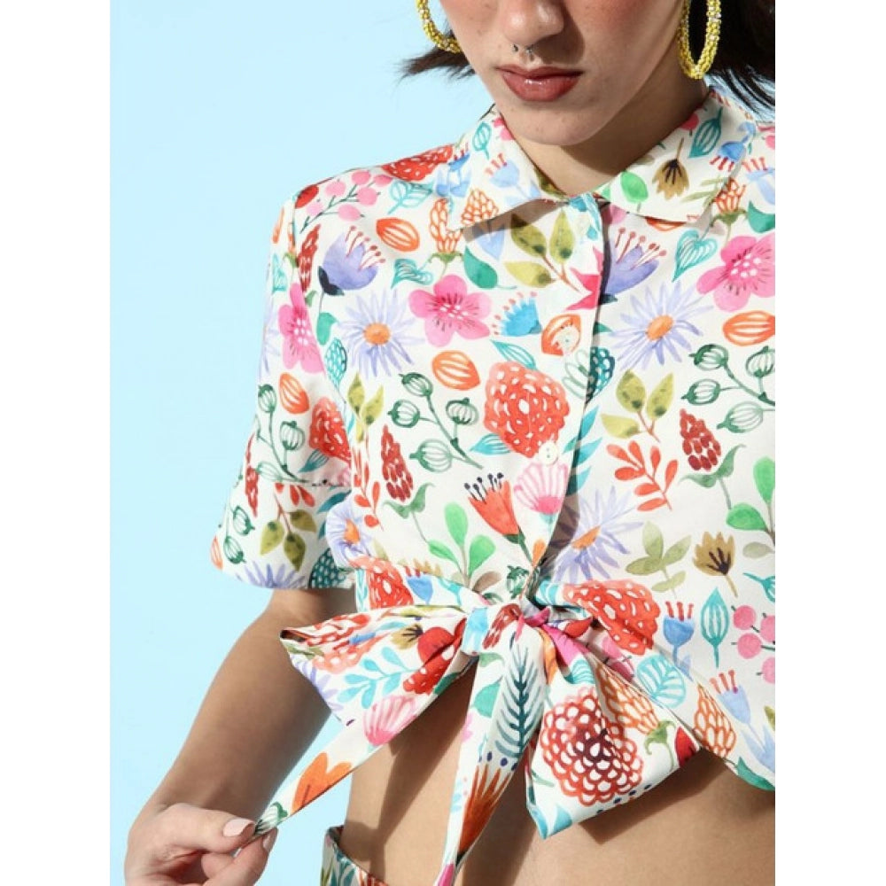 Multicolor floral print polyester women's co-ord set with short sleeve shirt and shorts, slip-on and button closure