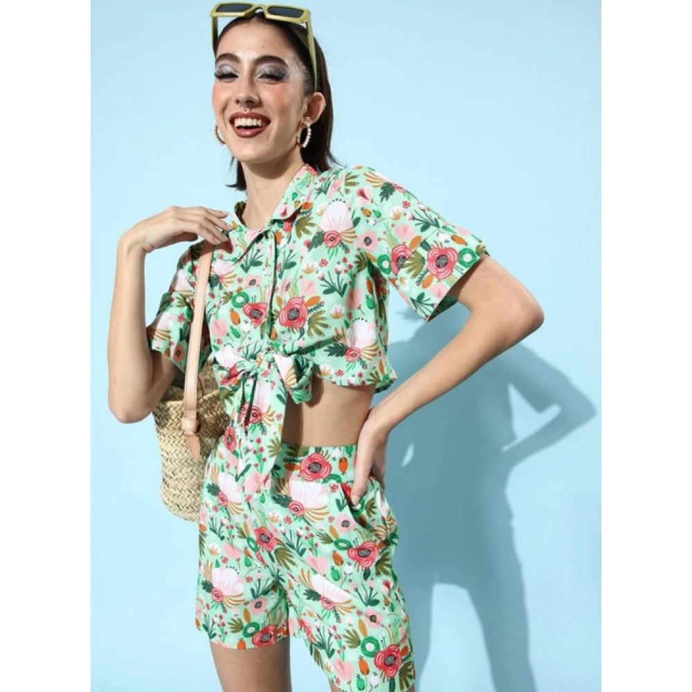 Women's multicolor polyester floral short sleeve co-ord set with shirt collar neck, short sleeves, above knee length, slip-on & button closure, shorts style