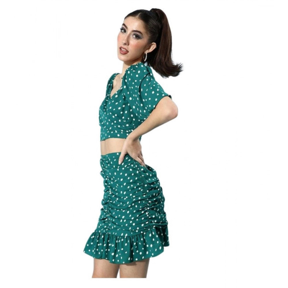 Green polyester floral short sleeve co-ord set for women, zip front skirt style