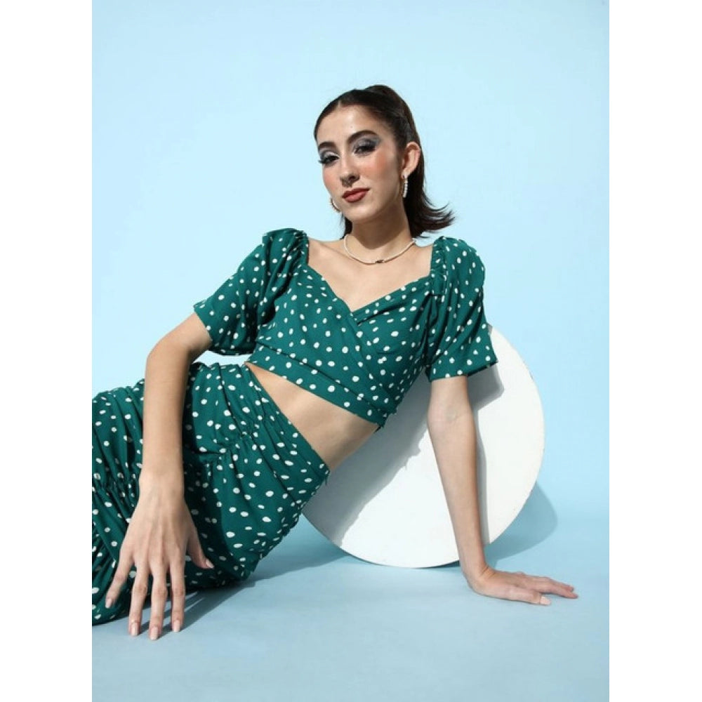 Green polyester floral short sleeve co-ord set with zip closure