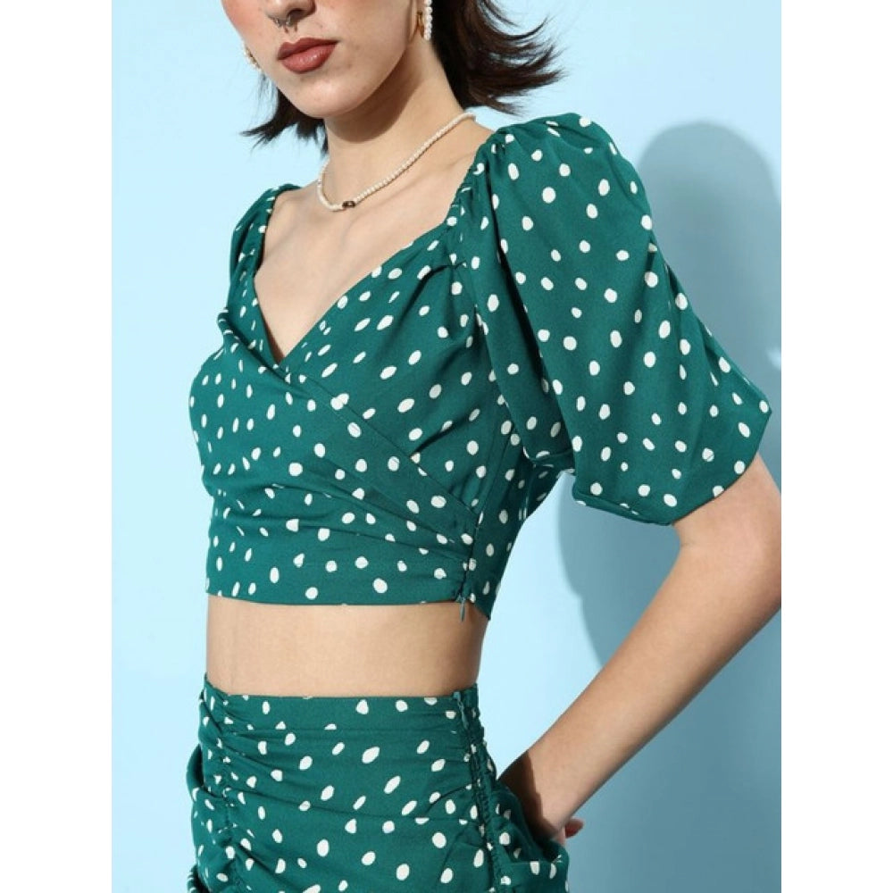 Green polyester floral short sleeve co-ord set with zip closure, square neck, above knee length, and skirt bottom style