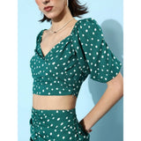 Green polyester floral short sleeve co-ord set with zip closure, square neck, above knee length, and skirt bottom style
