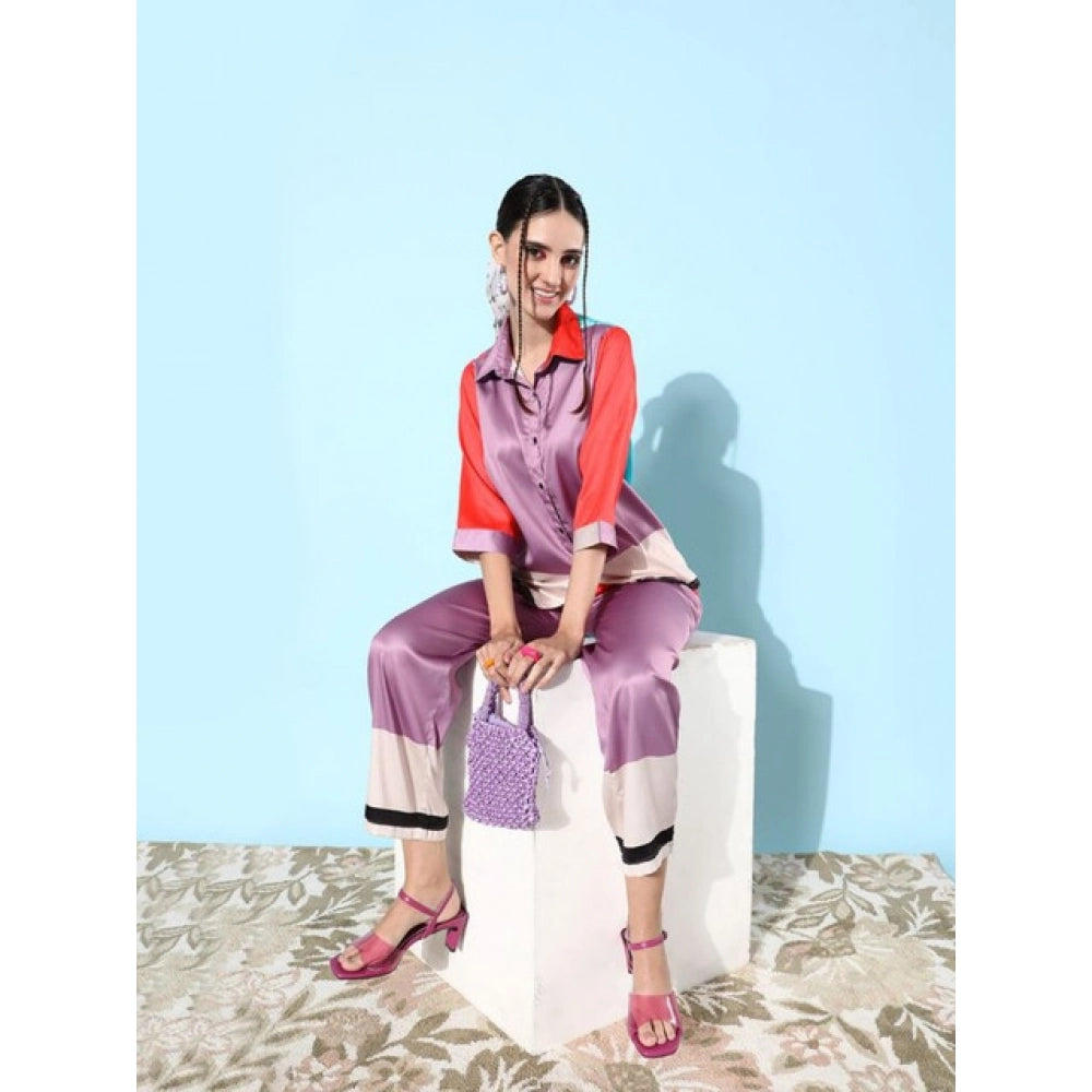 Multicolor satin women's long sleeve co-ord set with shirt collar neck, long sleeves, slip-on & button closure, pant bottom style