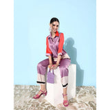 Women's Satin Colour Block Long Sleeves Co-Ord Set (Multicolor)