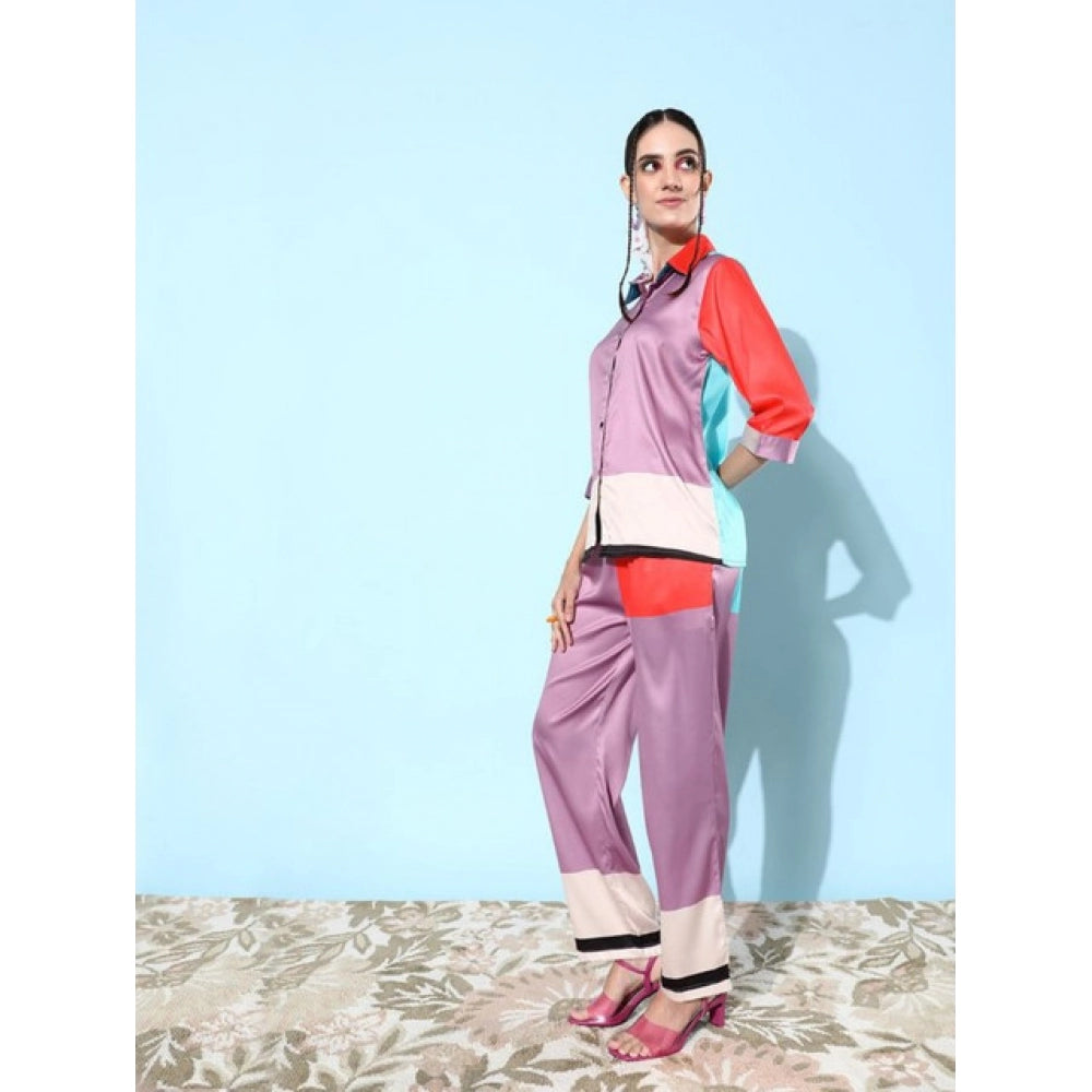 Multicolor satin colour block long sleeve co-ord set for women, featuring shirt collar neck, long sleeves, pants, slip-on & button closure
