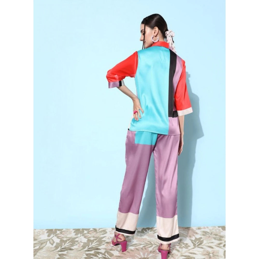 Multicolor satin women's co-ord set: Long sleeves, shirt collar neck, button closure, pants style