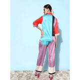 Women's Satin Colour Block Long Sleeves Co-Ord Set (Multicolor)