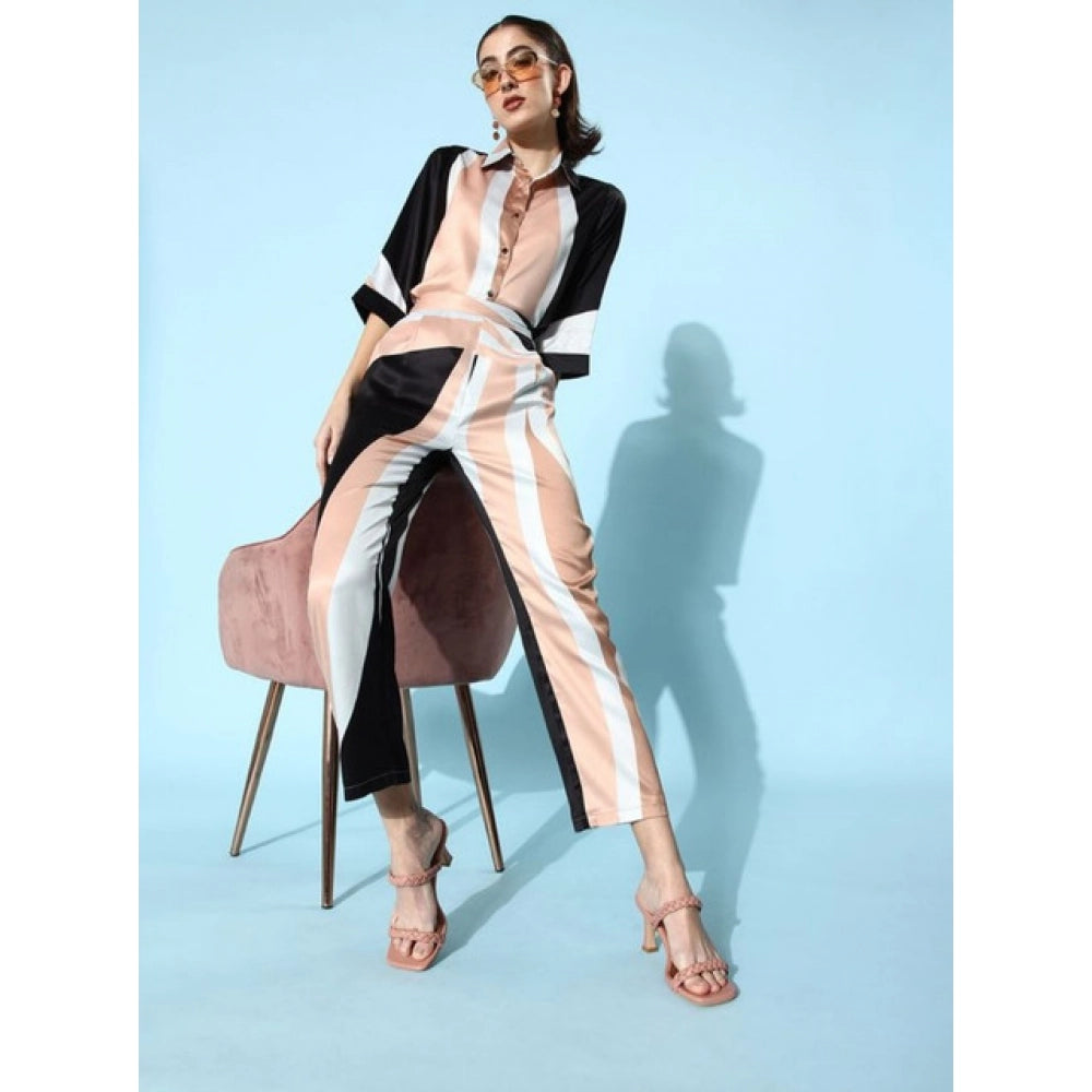 Beige-Black satin colour block long sleeves co-ord set for women, full length slip-on and button pants with shirt collar neck