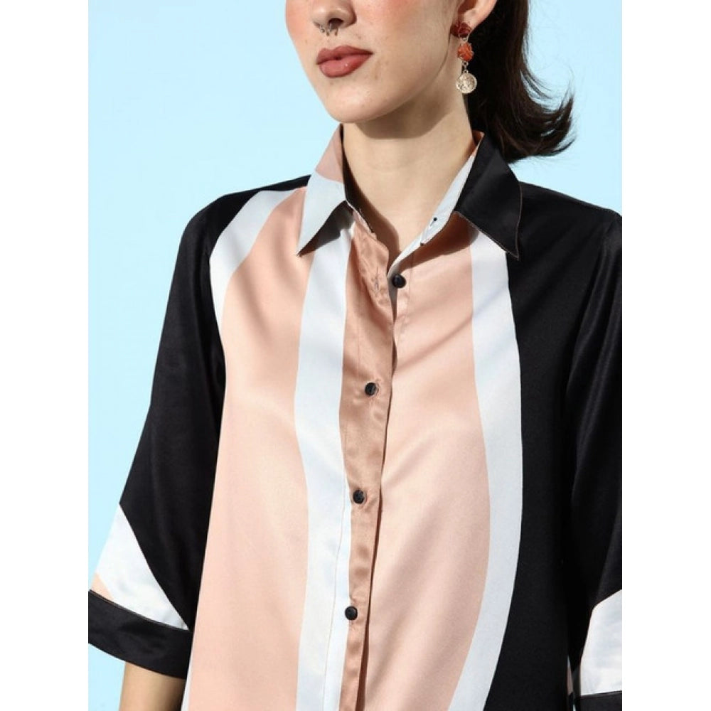 Beige-Black satin colour block long sleeves co-ord set for women - slip-on and button shirt collar neck, full length pant style