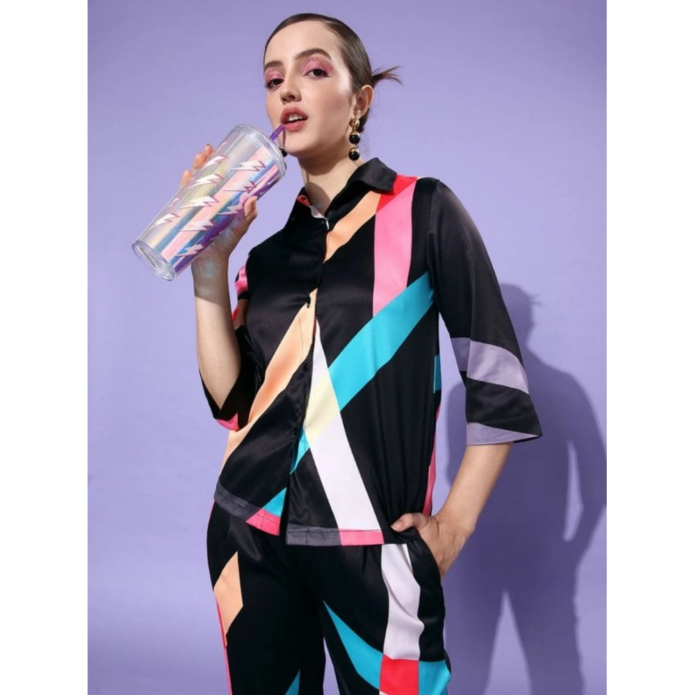 Multicolor satin women's long sleeves co-ord set with shirt collar neck, long sleeves, and slip-on & button closure