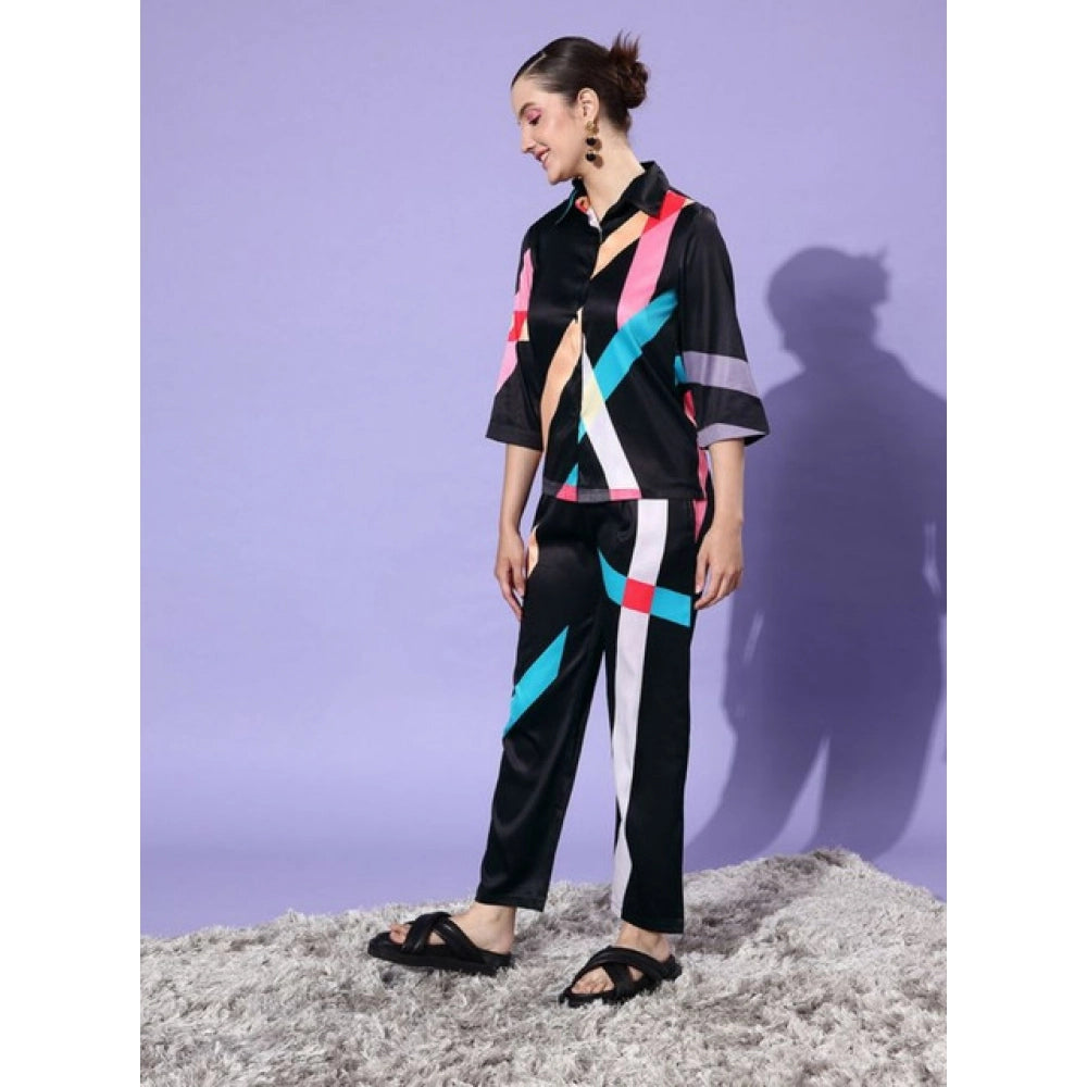 Multicolor satin color-block long sleeve co-ord set for women, vibrant patterns, slip-on with button closure