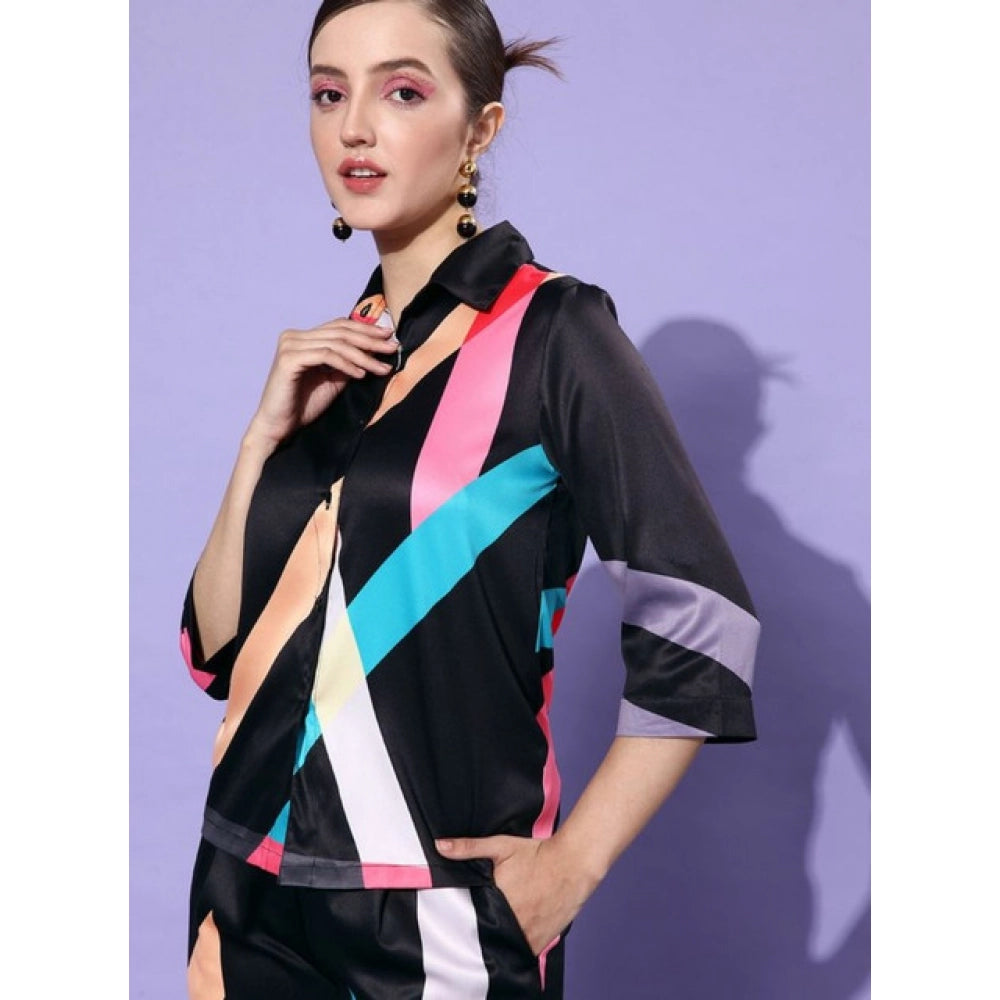 Multicolor satin colour block long sleeves co-ord set for women on mannequin
