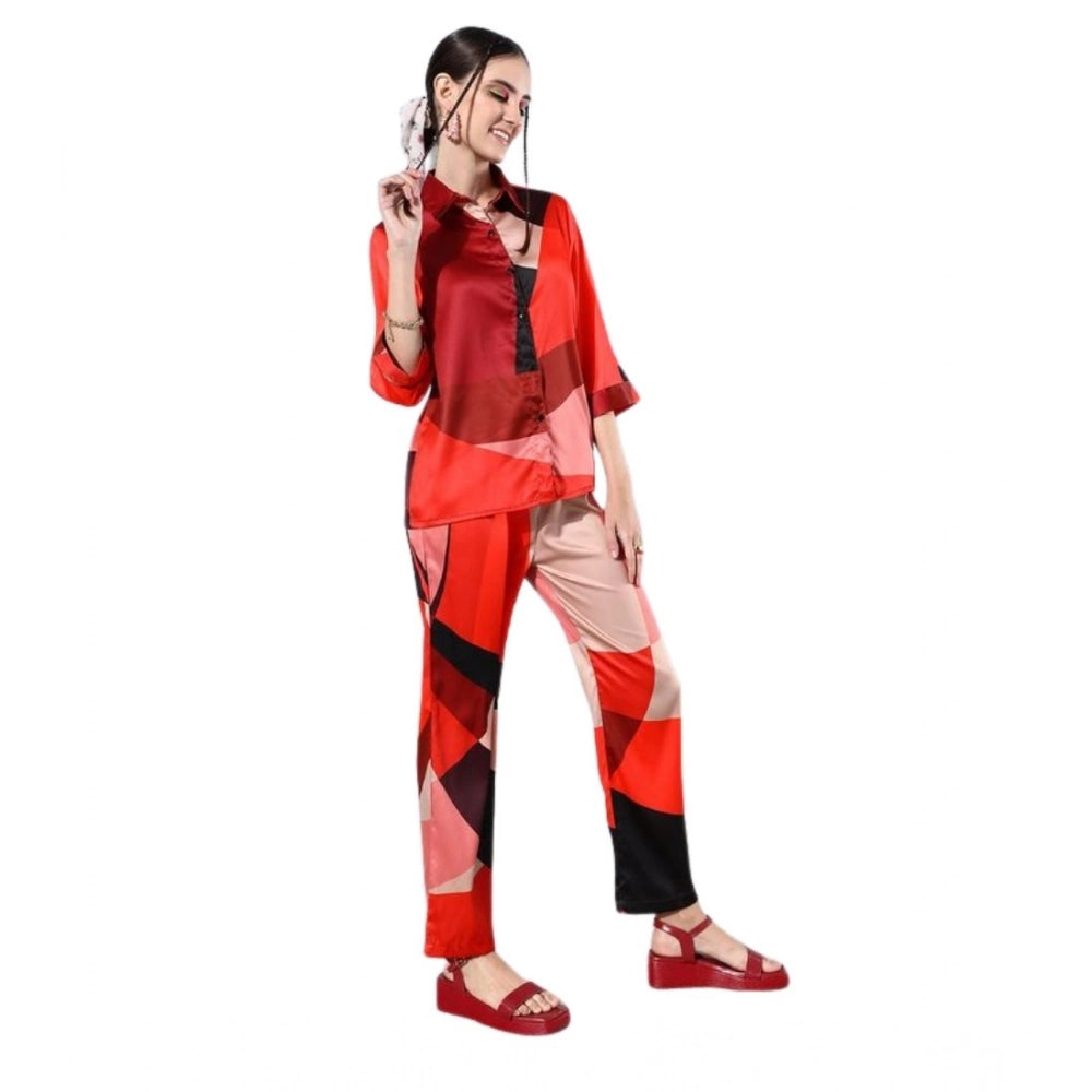 Multicolor satin colour block long sleeves women's co-ord set on clothing rack