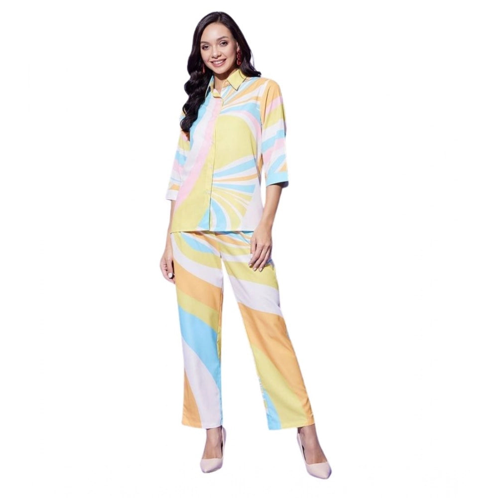 Multicolor polyester women's co-ord set with 3/4th sleeves, featuring color blocking design