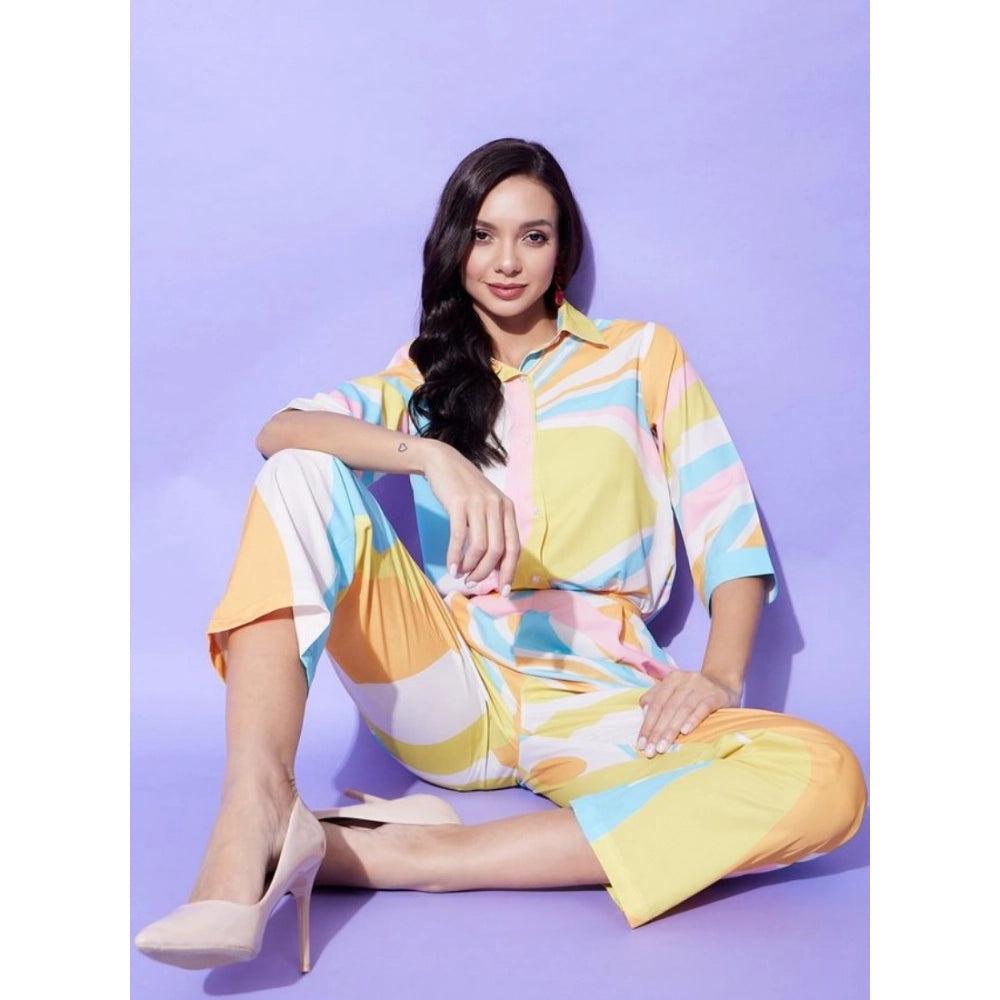 Multicolor polyester women's co-ord set with 3/4th sleeves, color blocking pattern, slip-on and button closure, full length, pant bottom type
