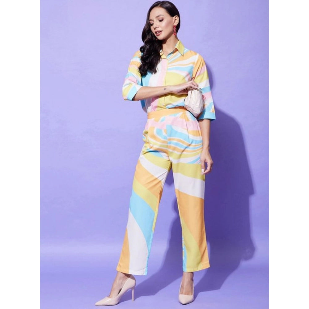 Multicolor polyester women's 3/4th sleeve co-ord set - vibrant color blocking design, slip-on with button closure