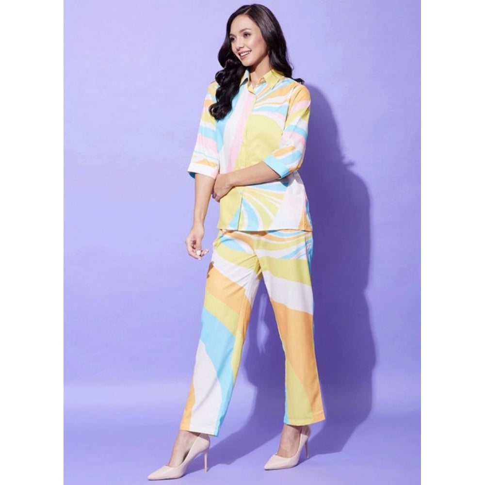 Multicolor polyester women's co-ord set with 3/4th sleeves, color blocking pattern and slip-on & button closure