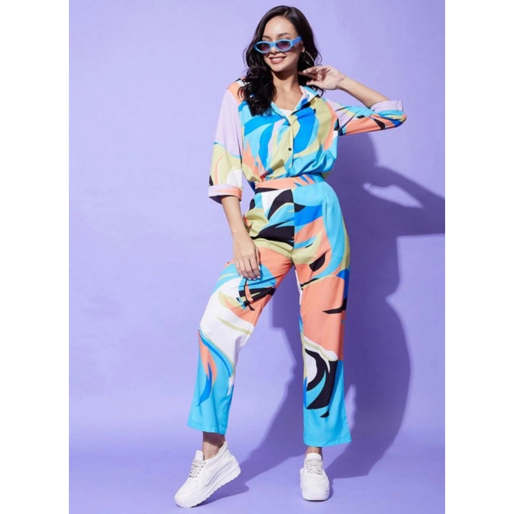 Multicolor polyester women's co-ord set, color-blocking 3/4th sleeve shirt dress with pants, on clothing rack