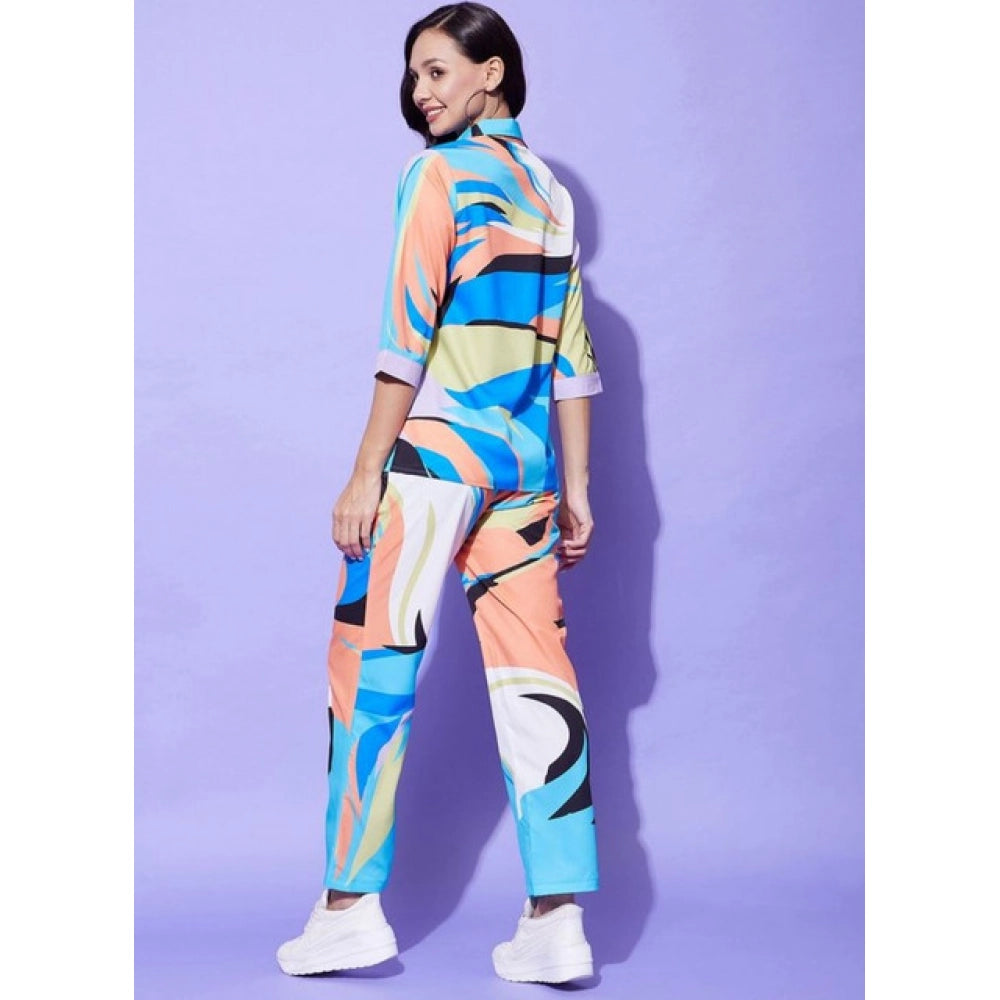 Multicolor polyester women's co-ord set with 3/4th sleeves, features colour blocking design and slip-on, button closure pants