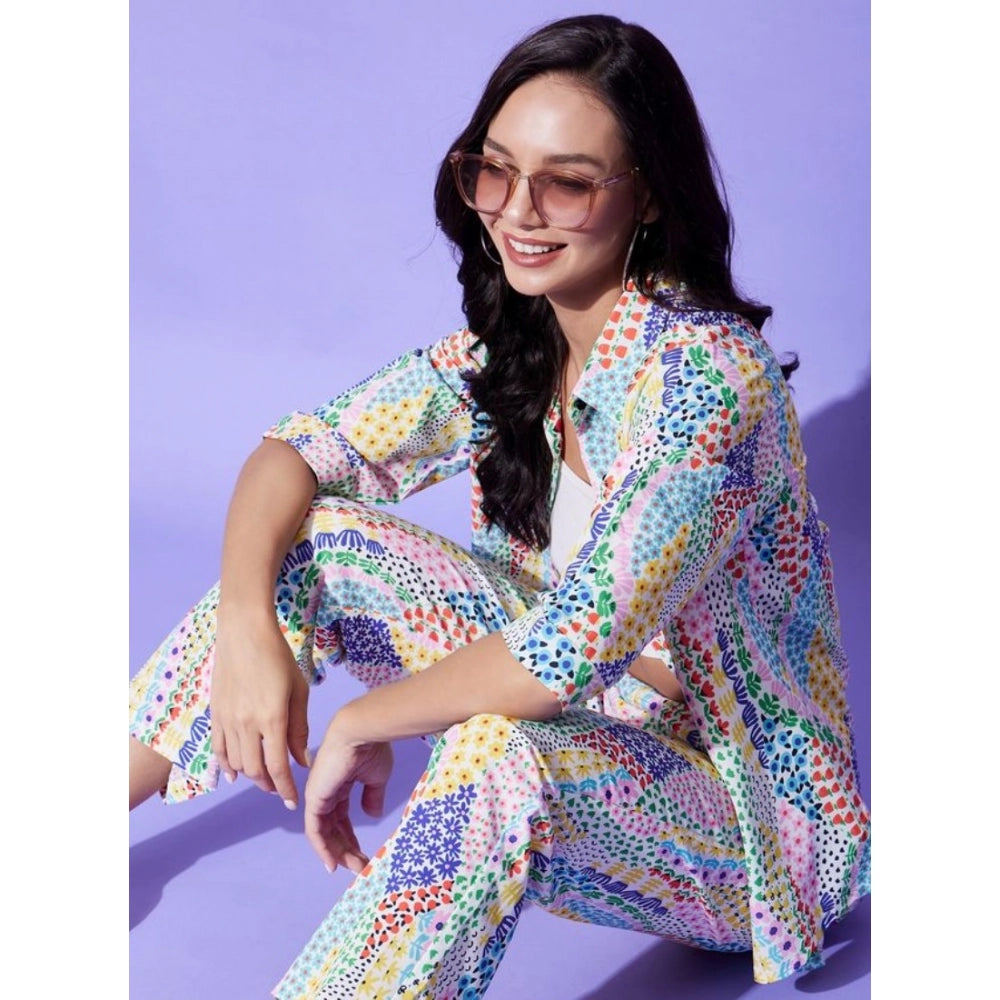 Women's multicolor floral polyester co-ord set with 3/4th sleeves, featuring shirt collar neck and slip-on and button closure