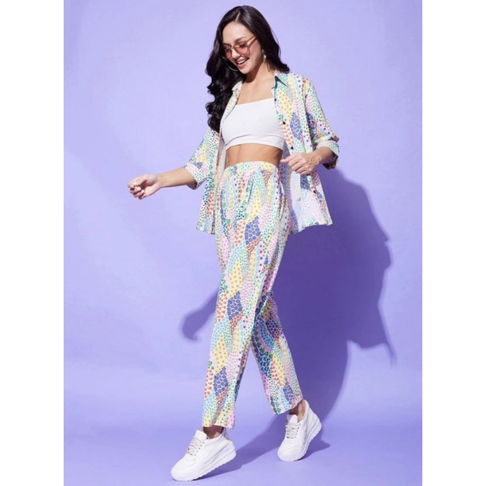 Multicolor polyester floral 3/4th sleeve women's co-ord set, vibrant floral pattern on full length pants